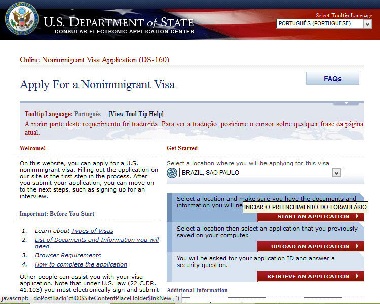 Formulário de solicitação de visto DS-160