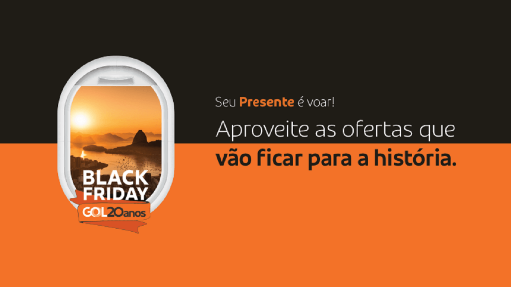 Propaganda da Gol com cores laranja e preto sobre a Black Friday feita em 25 de novembro de 2021