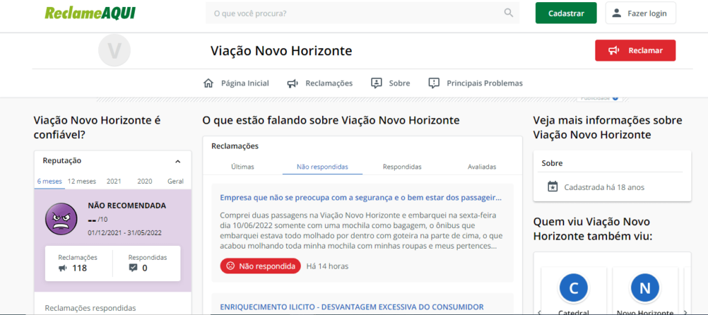 Reclame aqui Viação Novo Horizonte