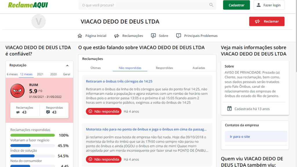Reclame Aqui Viação Dedo de Deus