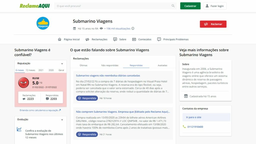 Print do Reclame Aqui da Submarino Viagens