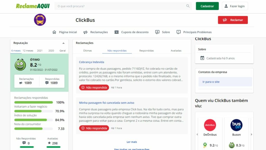 Print do Reclame Aqui da ClickBus