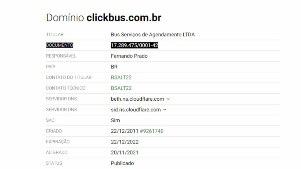 Print do site Whois da ClickBus