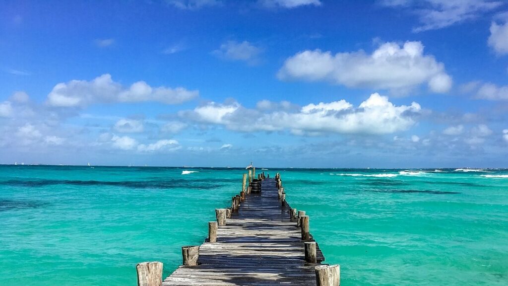 Deck de madeira em meio ao mar azul