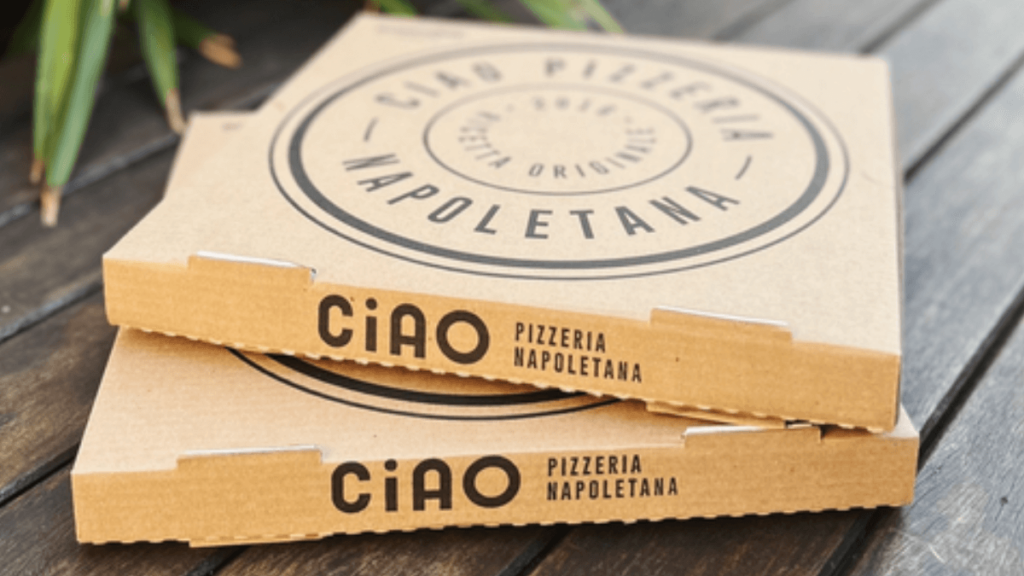Imagem das caixas de pizzas da Ciao Pizzeria.