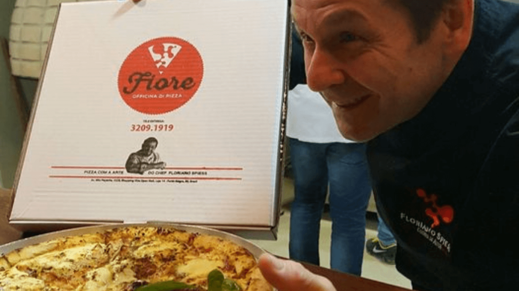 Imagem da pizza e do dono da Pizzaria Fiore