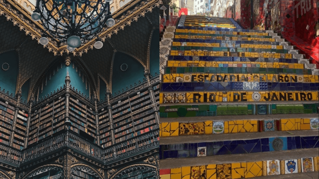 biblioteca antiga do rio de janeiro e a escadaria  colorida em tons de verde e amarelo.