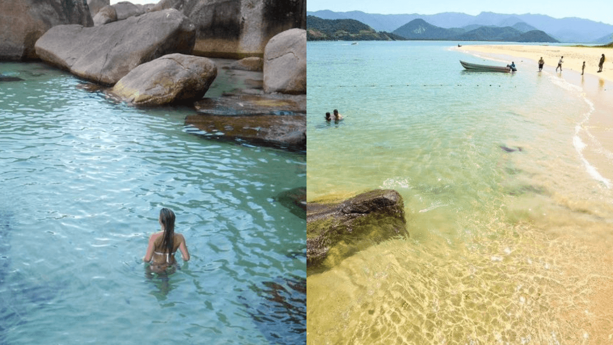 ilha de prumirim, com piscinas naturais de aguas transparentes e limpas, com banhista, areia clara e barcos ao redor da ilha