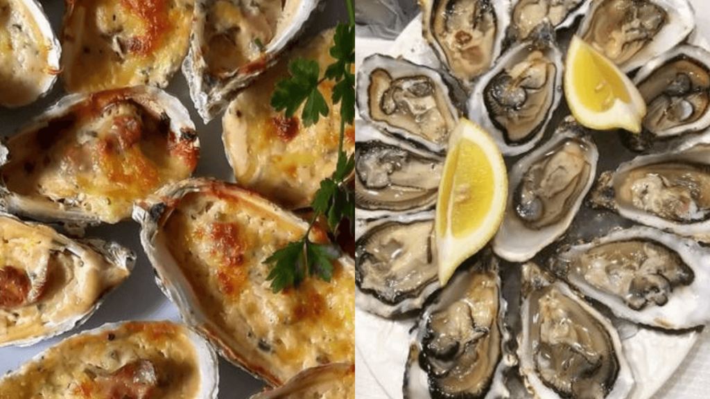 ostras gratinas e cruas, prato típico do bairro
