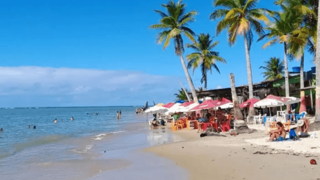 Passeios na Praia Coroa Vermelha - Praia com águas limpas e coqueiros, com muitos turistas.