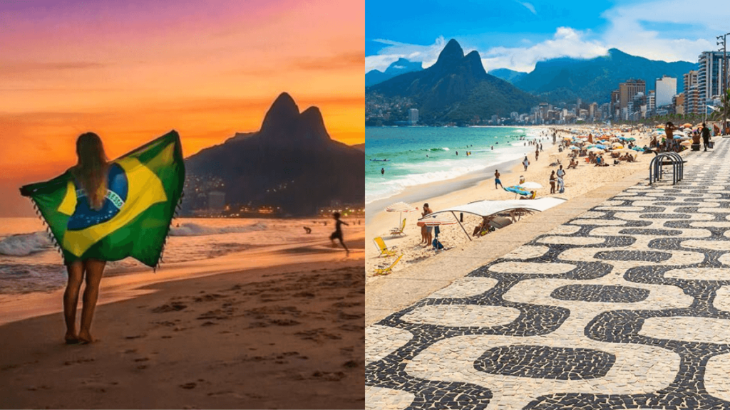 mulher na areia da praia do rio de janeiro com a bandeira do Brasil.
