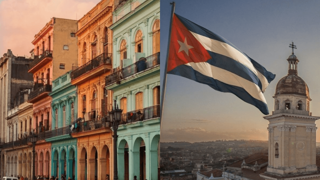 arquitetura de cuba com casas coloridas, bandeira de cuba com cores azuis, branco e vermelho
