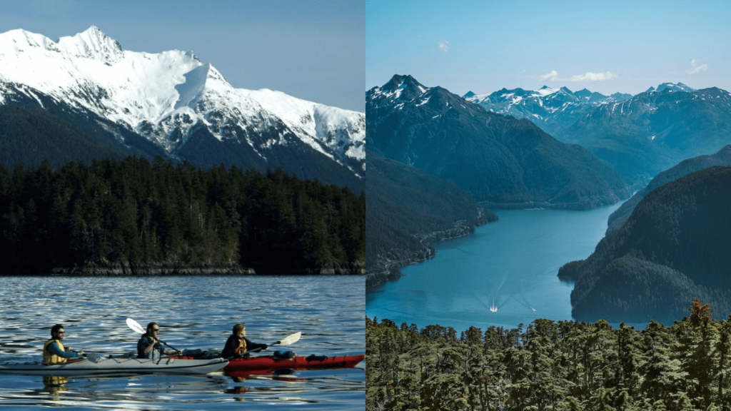 visão panorâmica da natureza do Alasca, rio com 3 pessoas praticando caiaque com montanha nevada ao fundo
