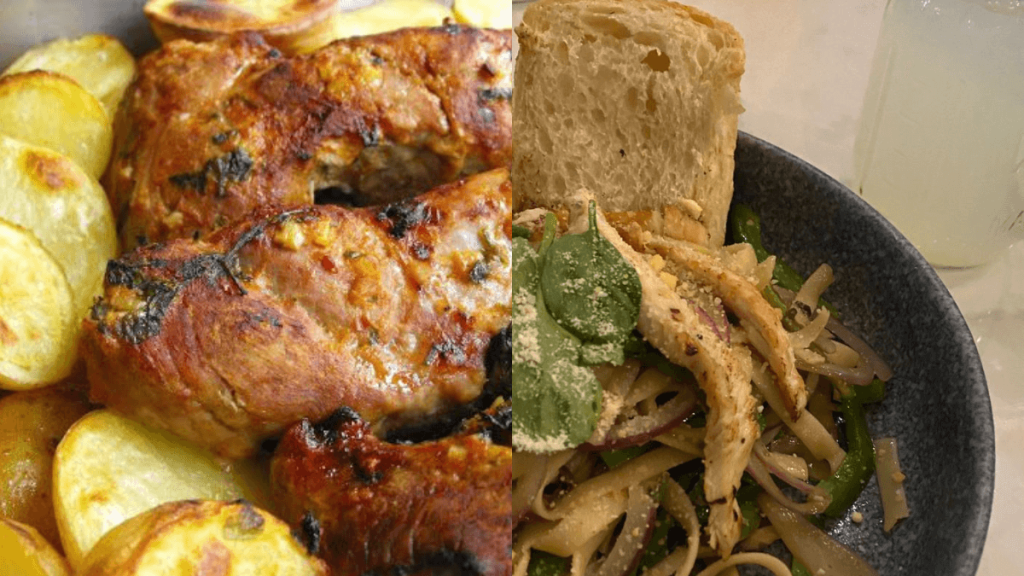 prato com macarrão e queijo e prato com carne de porco assada com batata