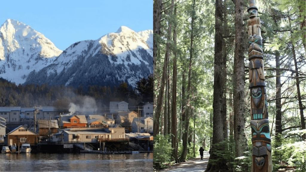 cidade de sitka e parque com grande totem de madeira