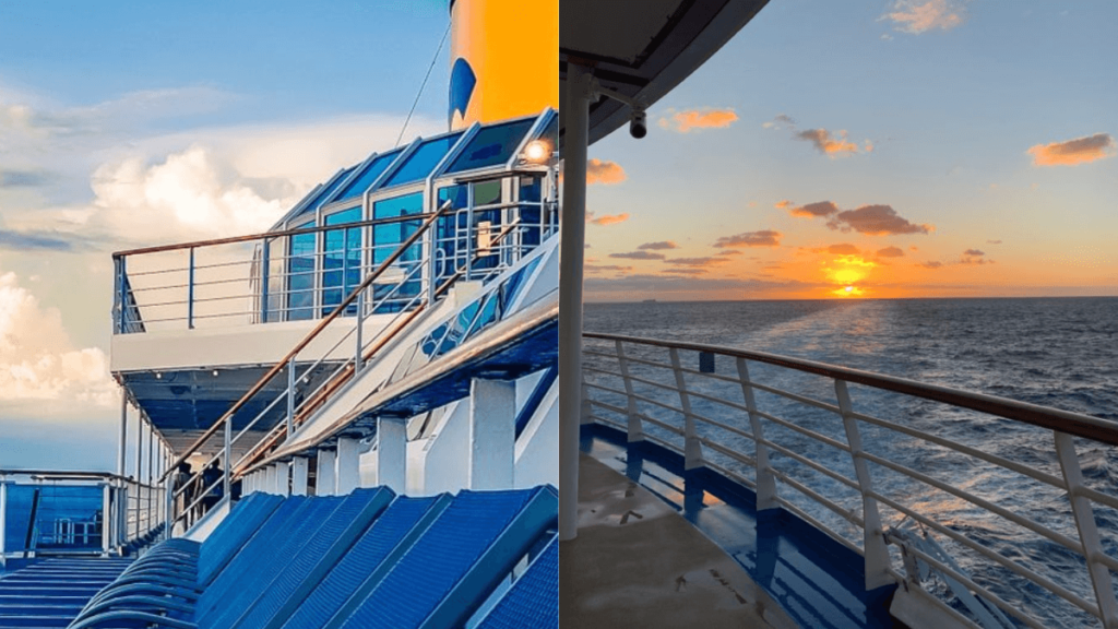 visão do cruzeiro, com espreguiçadeiras azuis e o por do sol em alto mar.