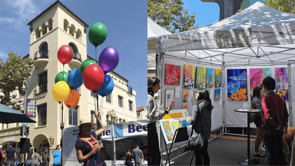 arte em palo alto, turista com varios baloes de gas helio coloridos, amarelo, roxo, verde, roxo e barracas de exposição de arte. Palo Alto Califórnia