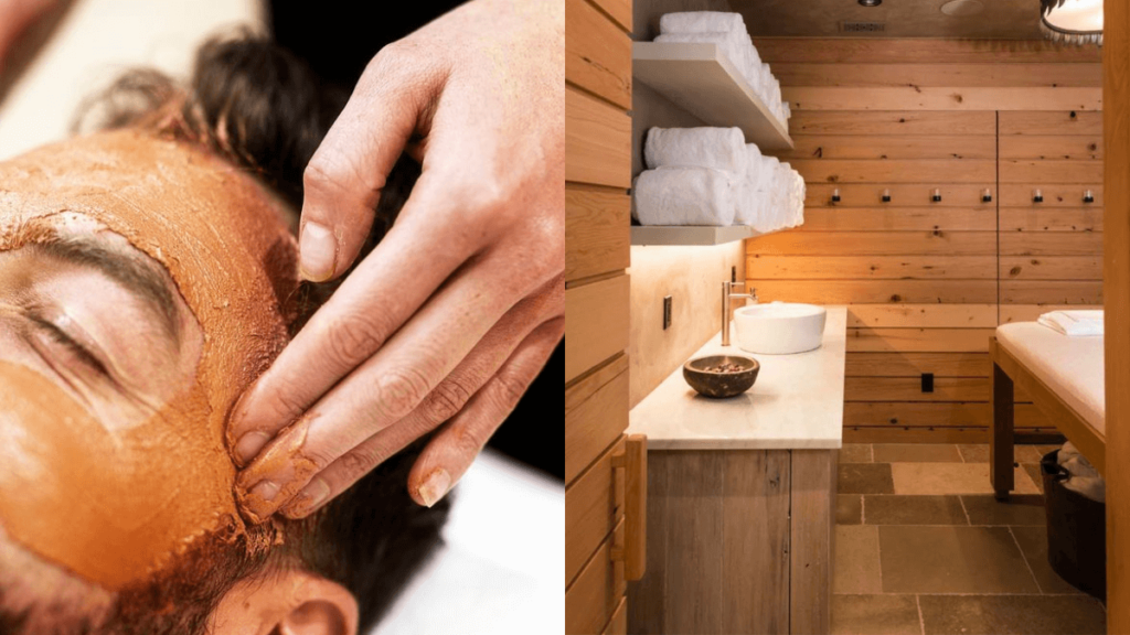 Homem em um momento de spa com mascara no rosto e o ambiente relaxante de um spa