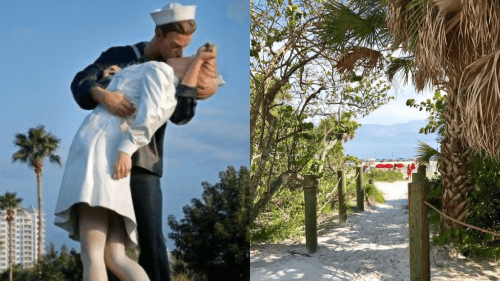 monumento de casal se beijando em Marina e entrada de praia com arvores
