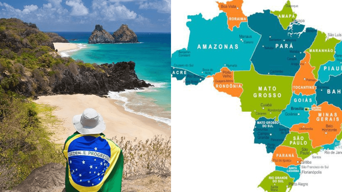 mulher na praia com bandeira do brasil, e o mapa do brasil estados e capitais