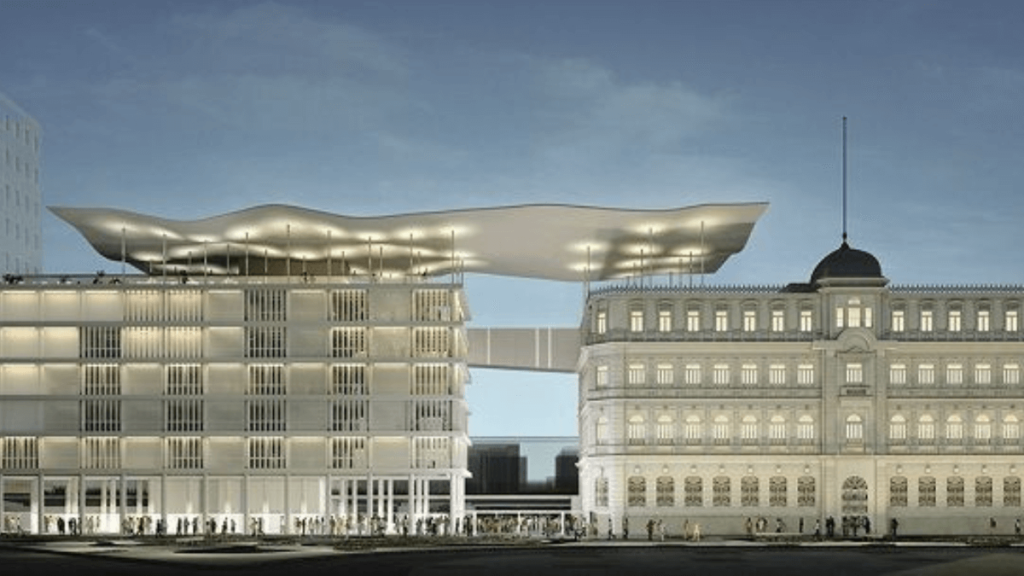 grande museu com uma arquitetura única, todo branco.