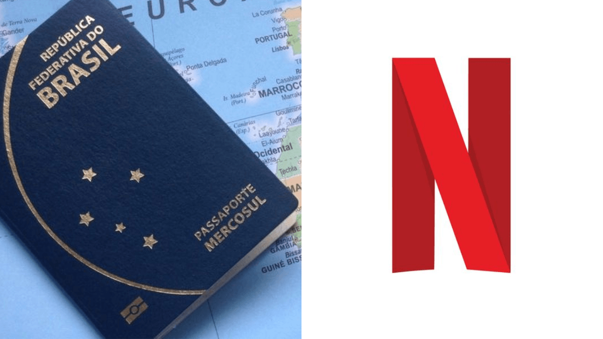 Passaporte brasileiro e o símbolo do N de Netflix em vermelho, representando os melhores documentários Netflix