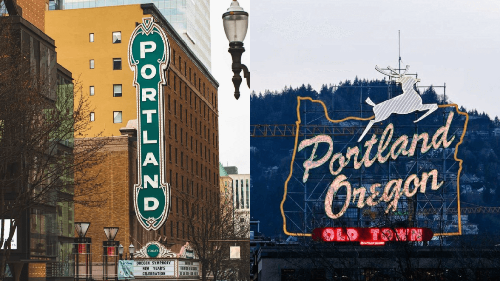 placas de portland, uma na vertical em verde com letras brancas, e a outra mais famosa totalmente decorada, com escritas da cidade e do estado em dourado e uma rena branca logo acima.