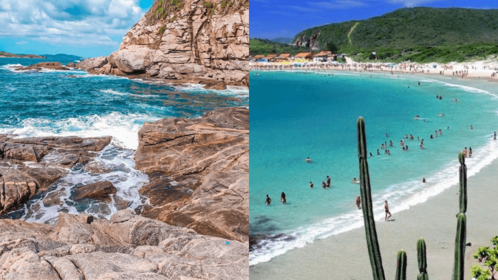 visão panoramica da praia das conchas em cabo frios, mar azul, poucos turistas e vegetação verde ao redor da praia. Um lado da praia com rochas.