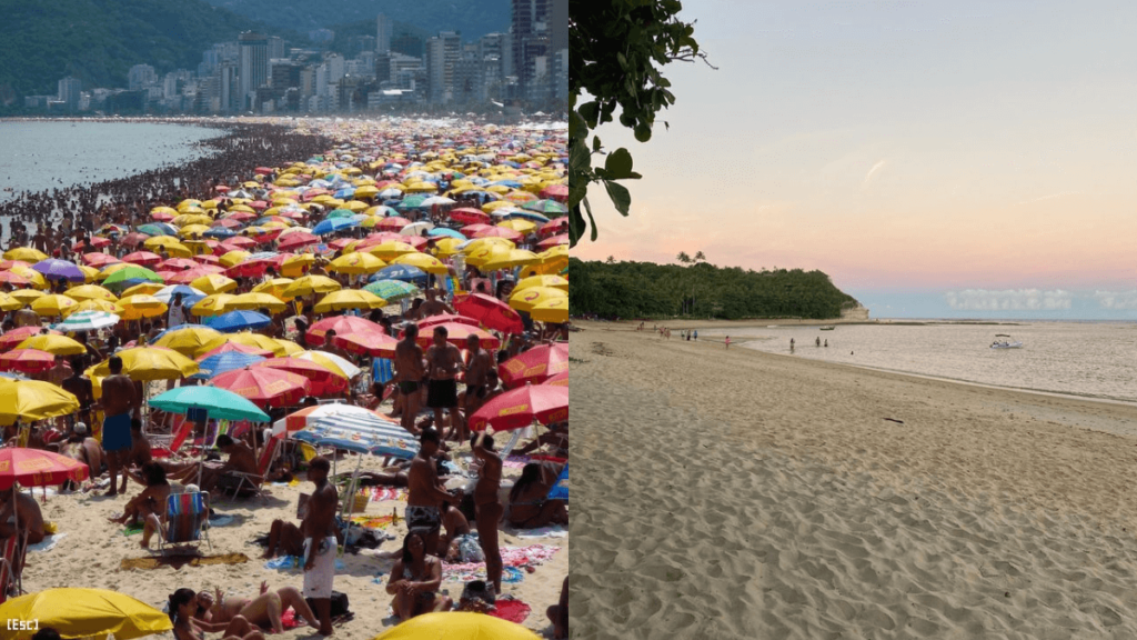 uma praia lotada de turistas e uma praia vazia e tranquilo na baixa temporada