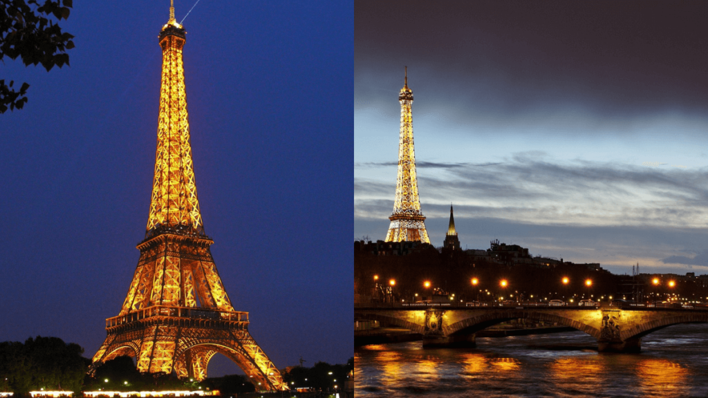 Torre Eiffel iluminada durante a noite em paris, tons amarelos iluminam a cidade francesa