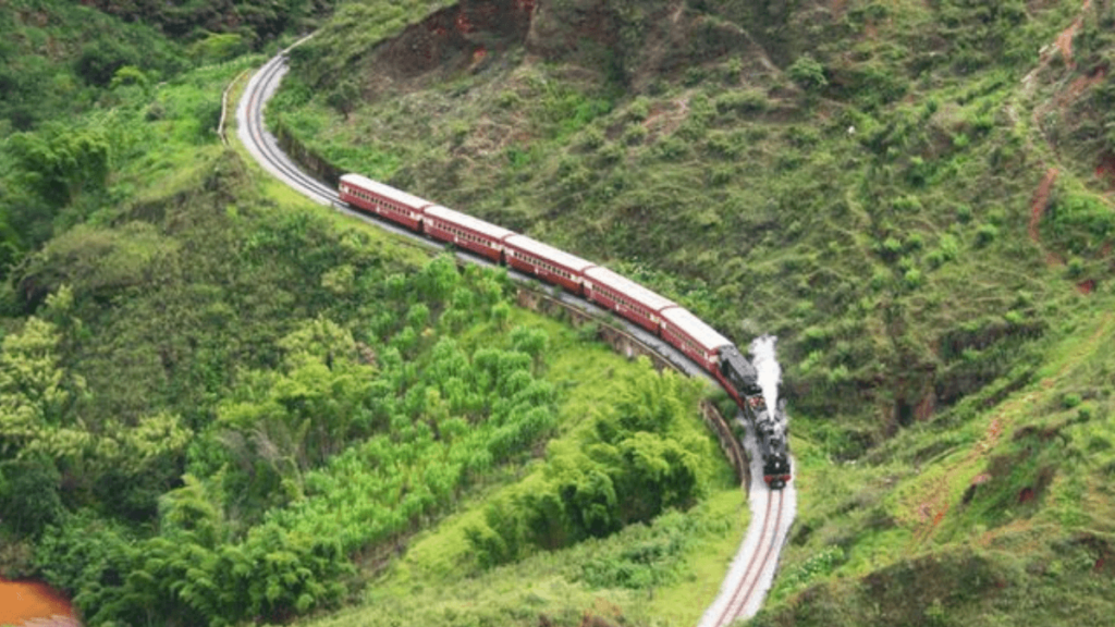 Visão panorâmica do passeio na maria fumaça ouro preto, muita vegetação e grande caminho de trilhos