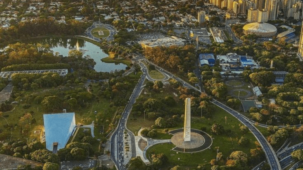 visão panorâmica de todo o parque Ibirapuera, com seu grande e suas construções