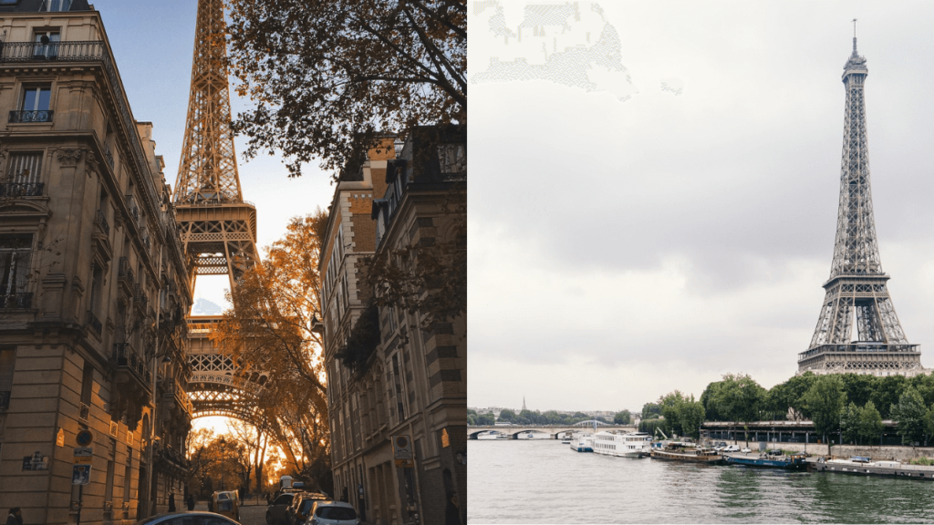 visões das ruas de Paris que dão para a Torre Eiffel. E visão panorâmica com o Rio Sena para.