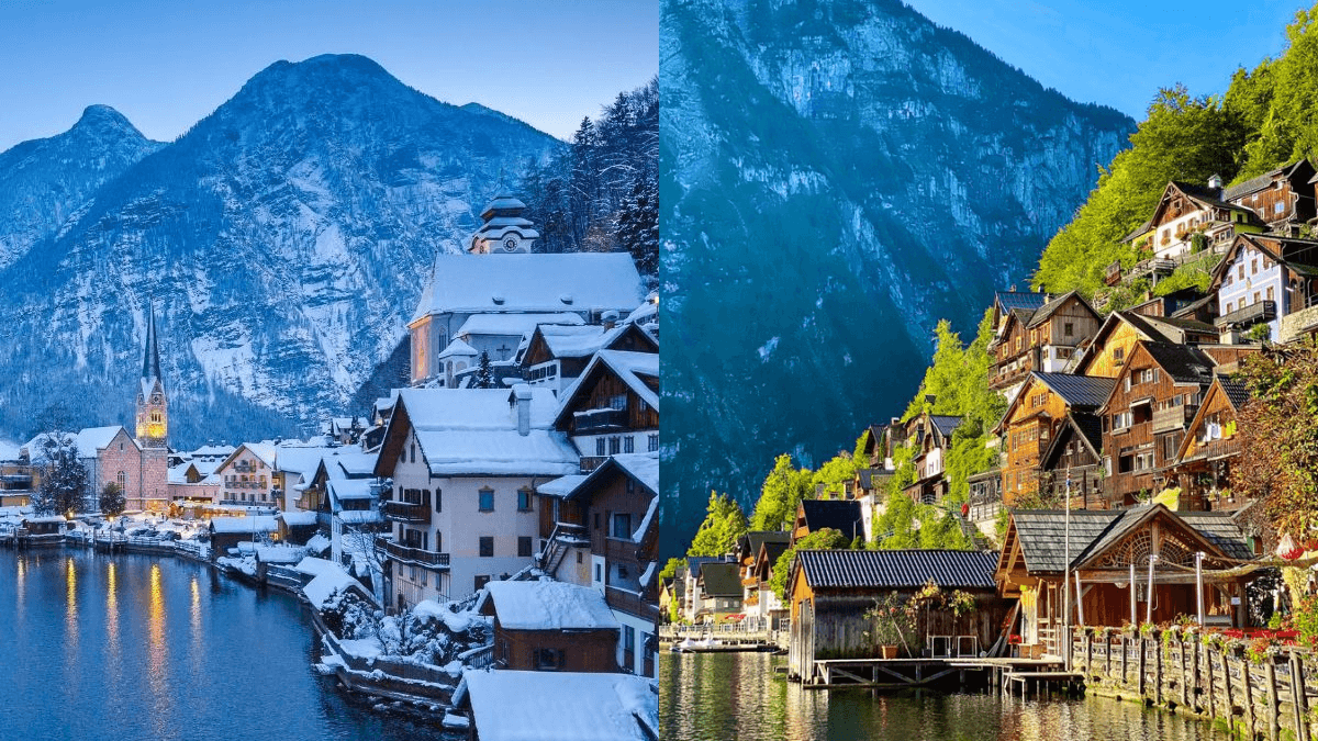 Áustria durante o inverno com os telhados cobertos de neves de casas ao lado de lago e no verão com muito sol e vegetação