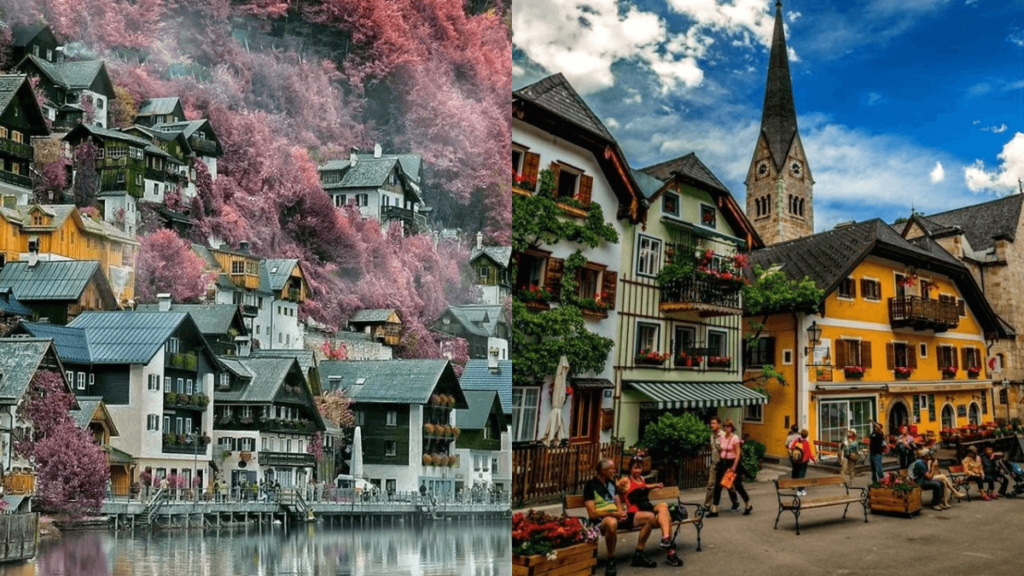 vilarejo na primavera com muitas flores rosas e sol, centro da cidade com casas coloridas e muitas pessoas
