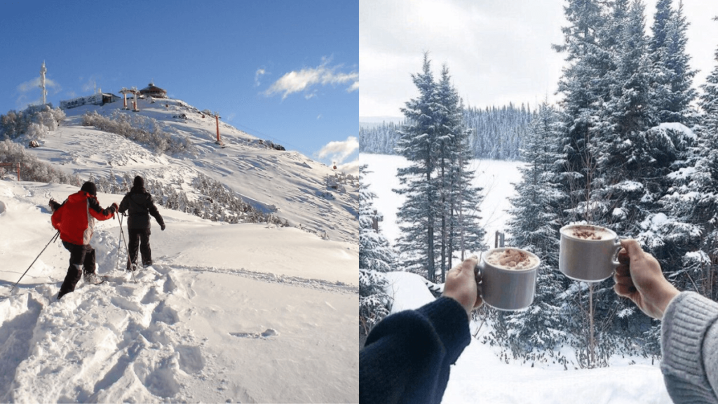 Pessoas na neve na Argentina e tomando chocolate quente