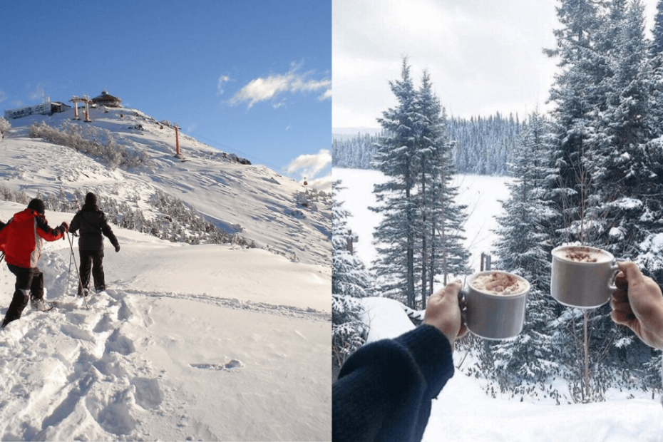 Pessoas na neve na Argentina e tomando chocolate quente