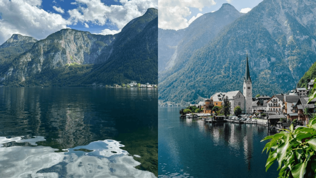 lago da austria, com muita vegetação verde e montanhas ao redor, a cidade fica do lado do grande lago