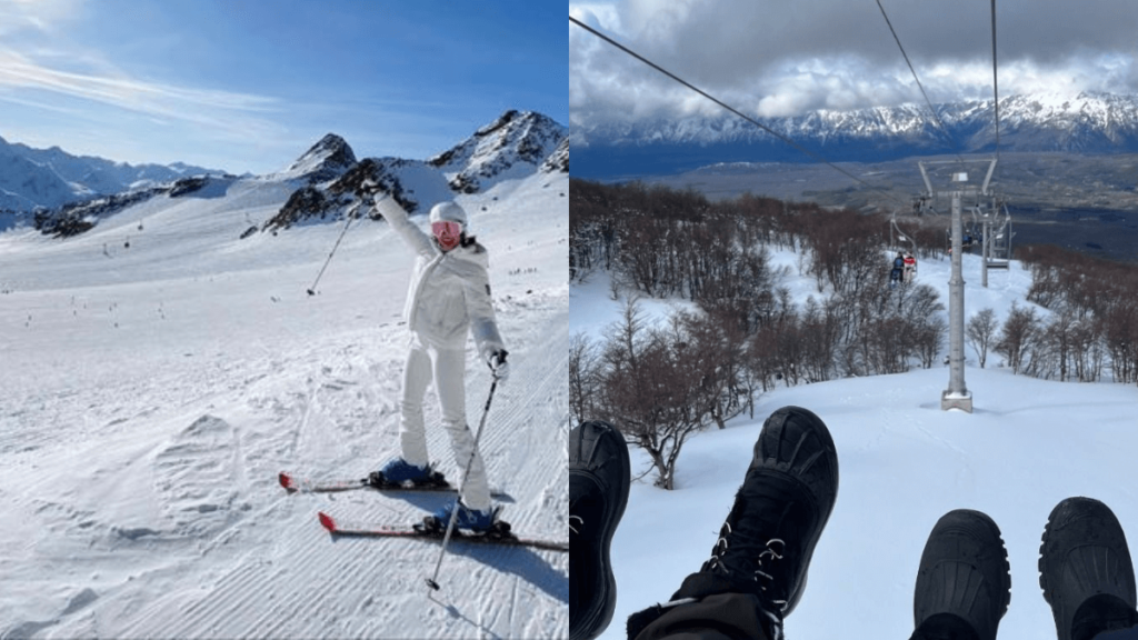mulher na neve e pessoas em teleférico para esquiar