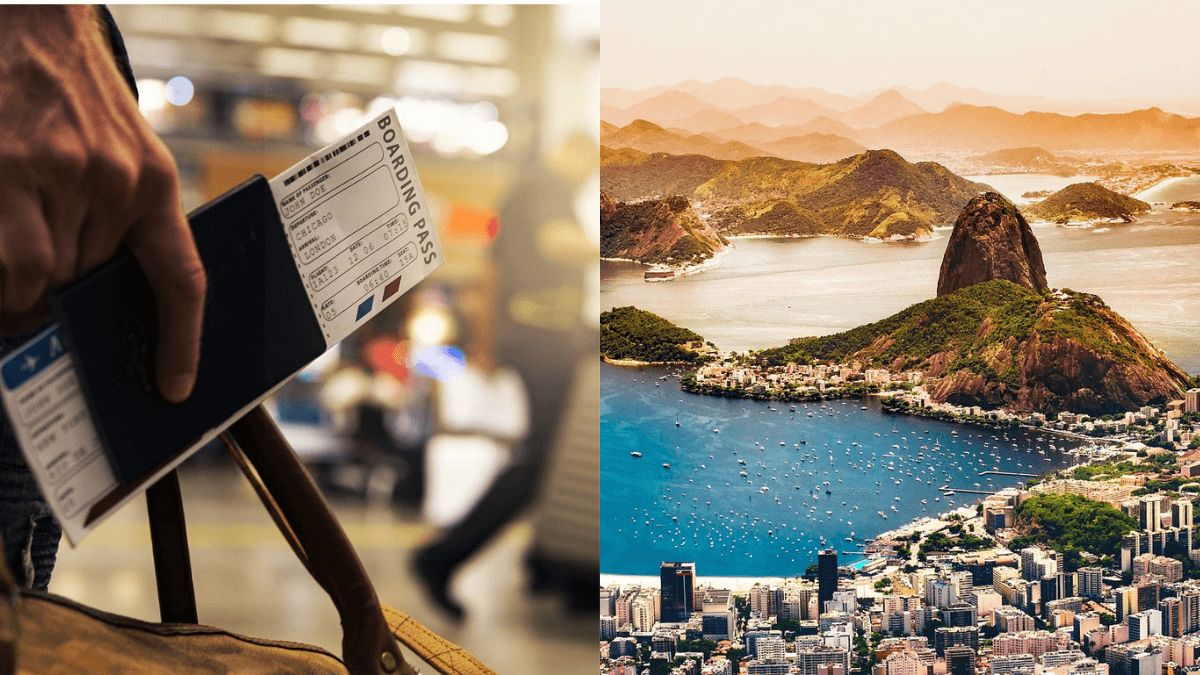 Melhores lugares para viajar no Brasil. Homem em aeroporto com passaporte e imagem panorâmica do rio de janeiro