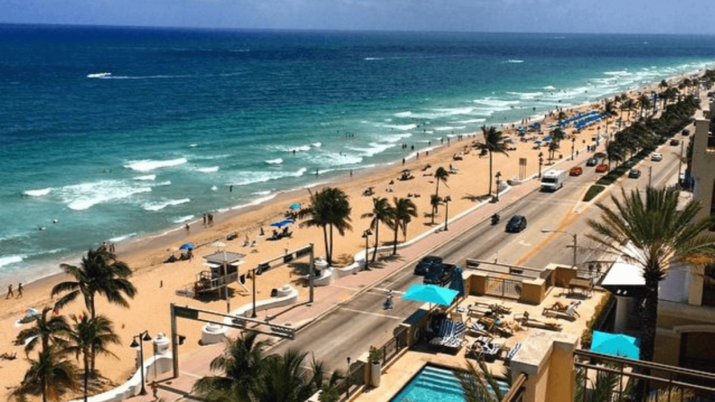 visão panoramica da praia de fort lauderdael, com coqueiros, movimento de carros e turistas