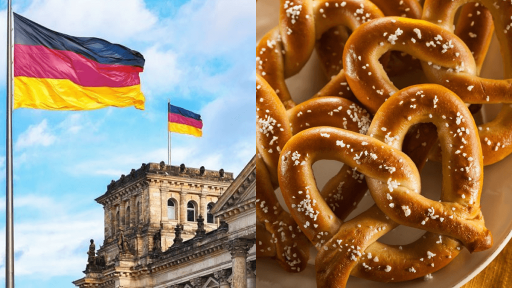bandeira da Alemanha e pretzels comida típica da Alemanha