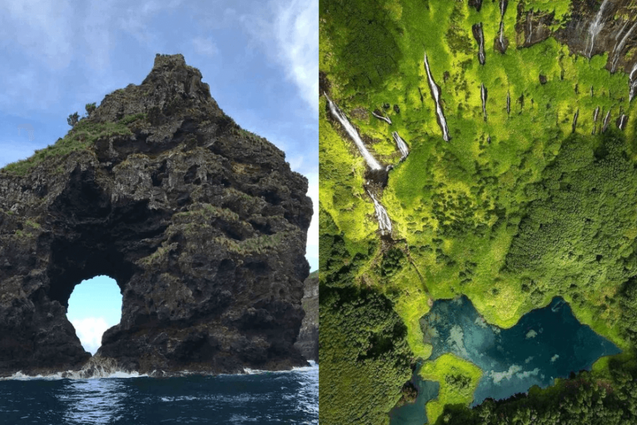 ilhas das flores rocha no mar e muita vegetação verde