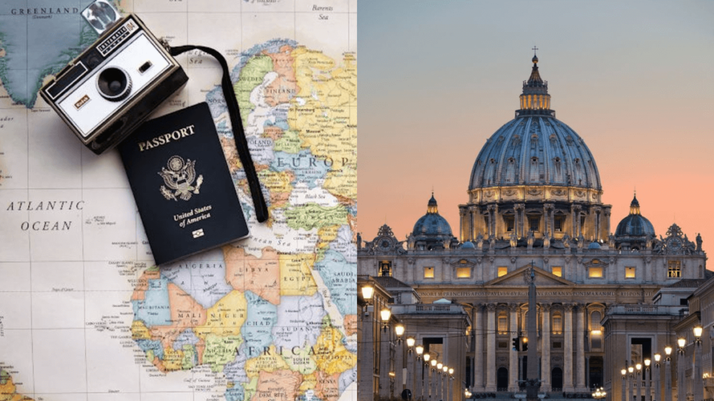 mapa mundial câmera e o vaticano com a sua arquitetura
