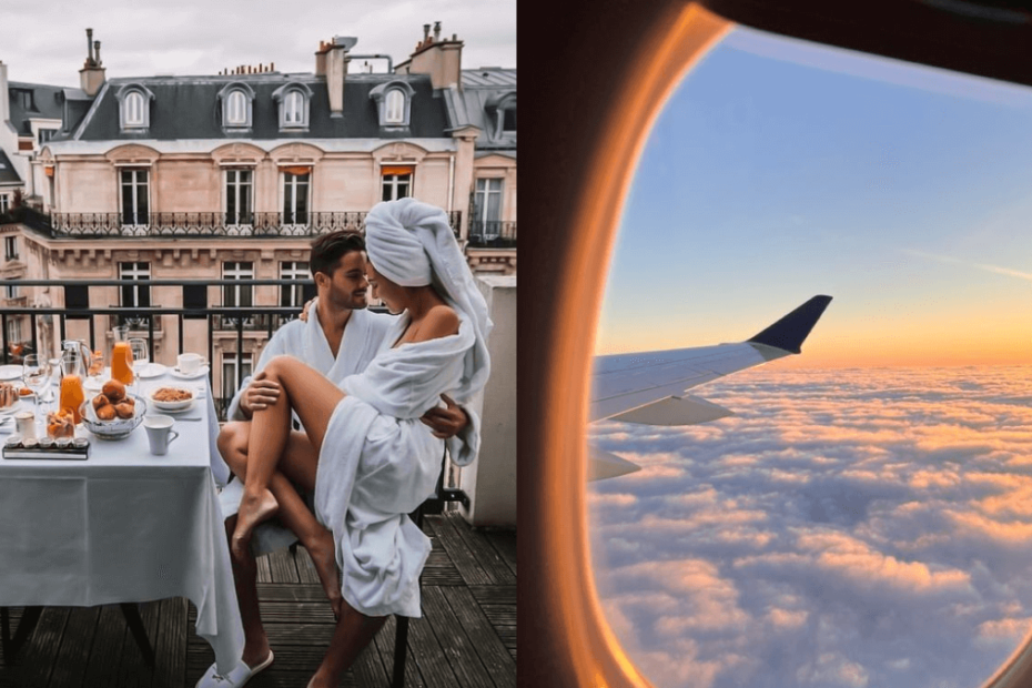 viagem em casal sensual e janela de avião sob as nuvens