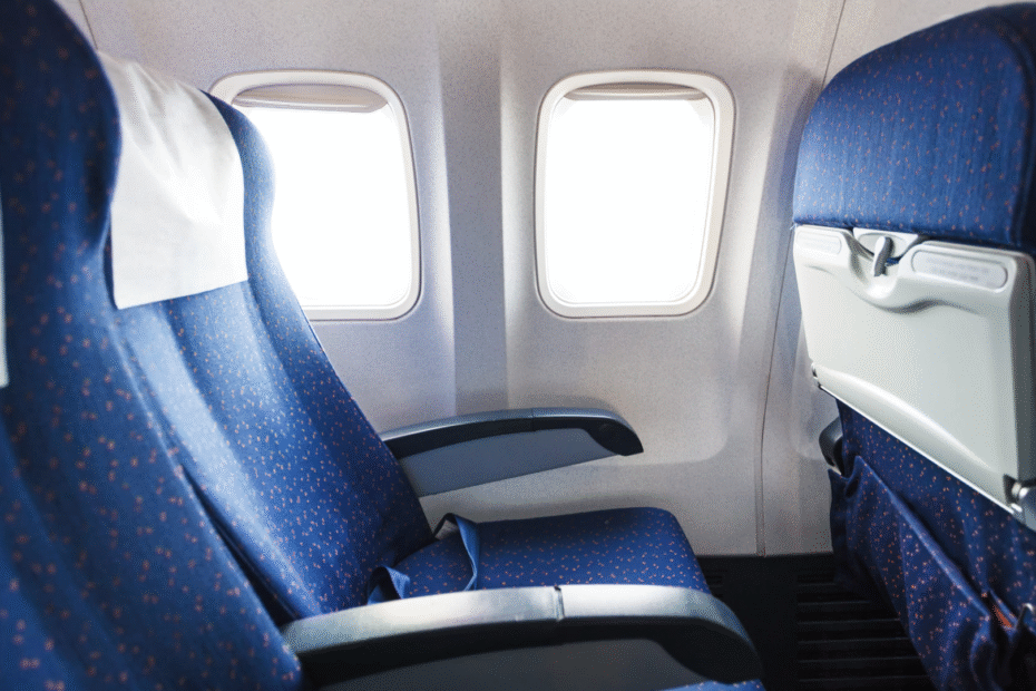 Assentos de um avião azul com claridade da janela.